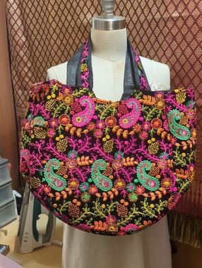 Embroidered Multicolor Paisley Tote Bag - Handcrafted Women's Shoulder Bag